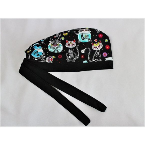 Cats with Fish Sugar Skull Día de Muertos Surgical Scrub Cap Dentist Vet Chemo H - Picture 3 of 5